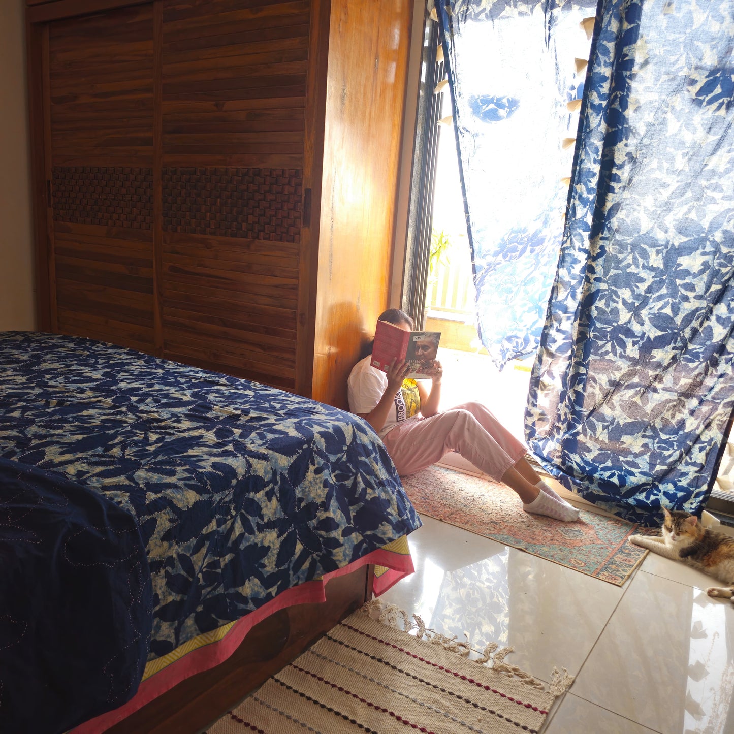 Indigo & White Leaf Print Cotton Curtain with Cream Tassels – Lightweight & Flowy