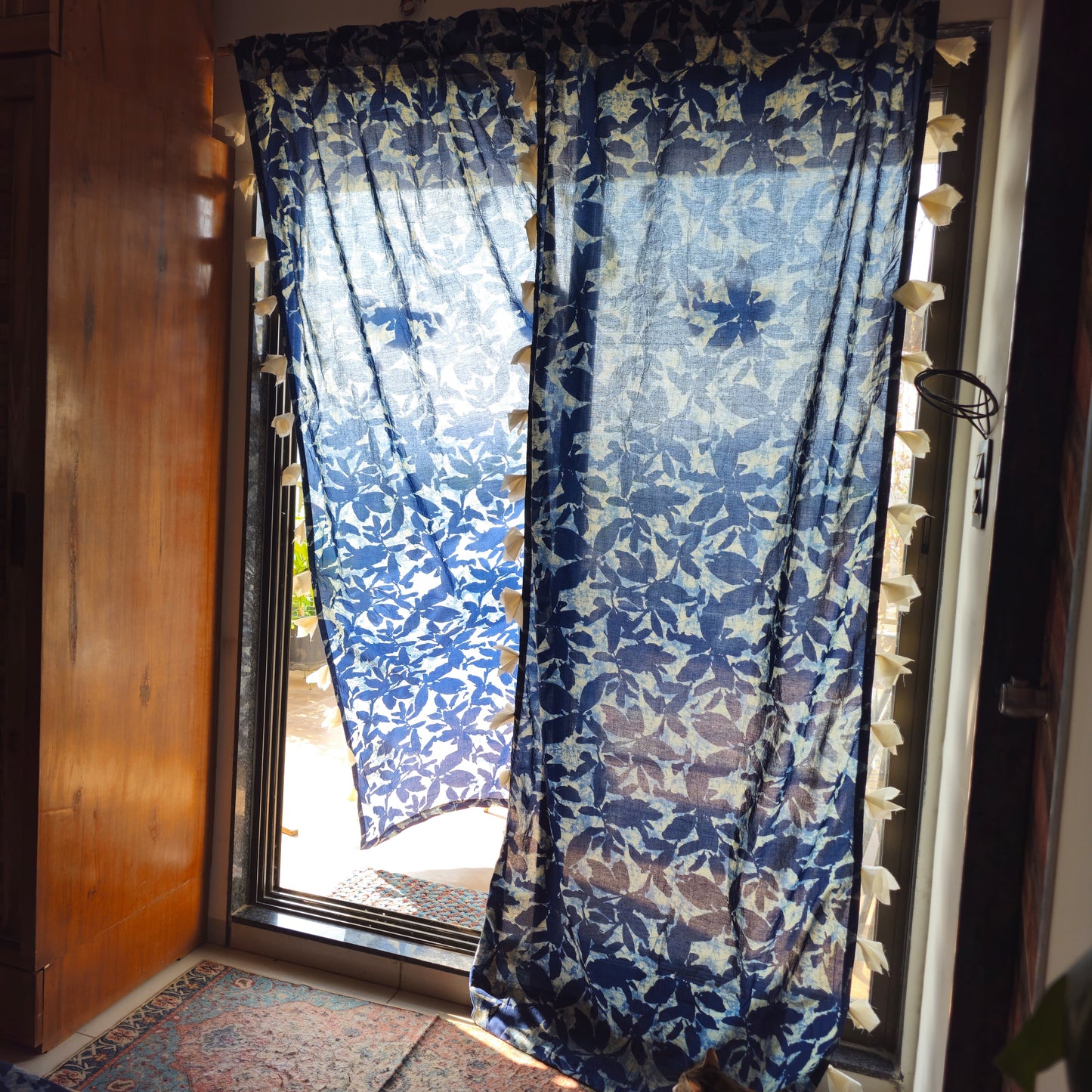 Indigo & White Leaf Print Cotton Curtain with Cream Tassels – Lightweight & Flowy