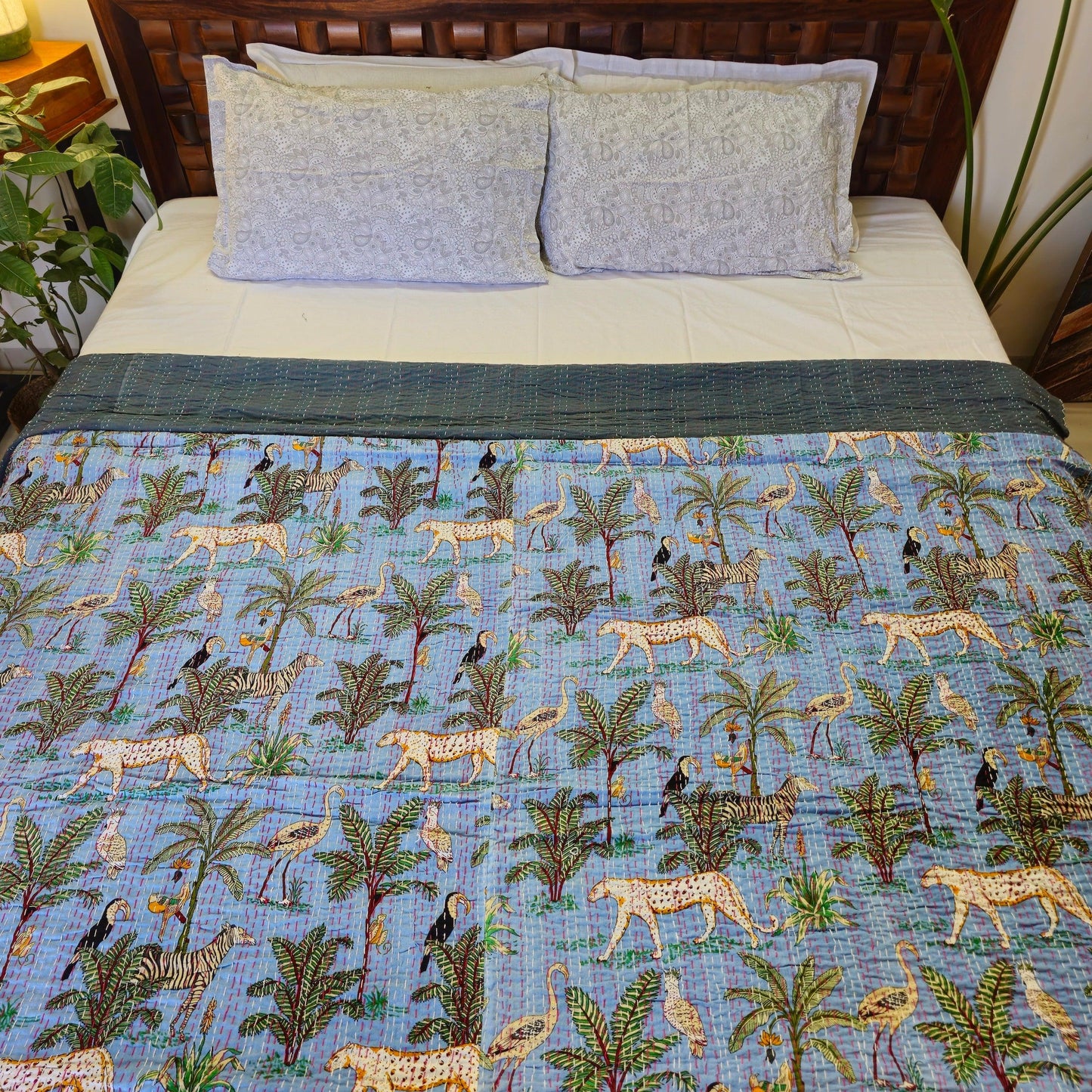 Light Blue And Grey Kantha Work Animal Print Single Bedcover