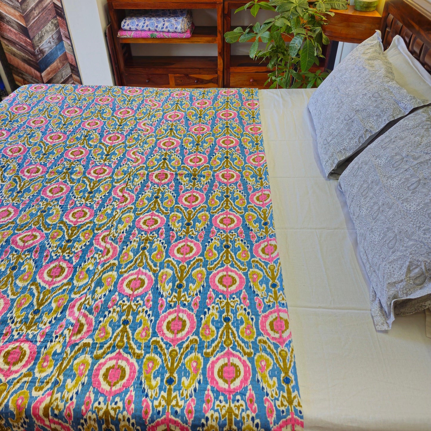 Light Blue And Pink Kantha Work Ikkat Print Bedcover