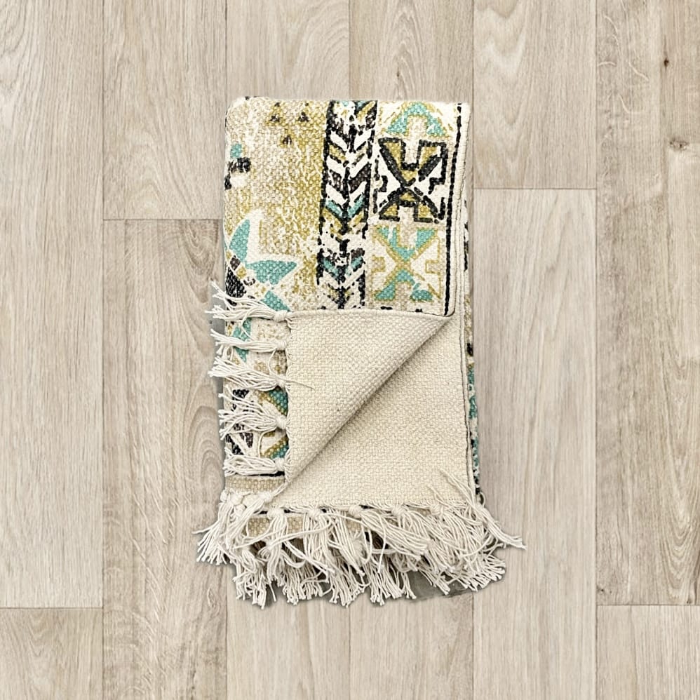 Light Green and Yellow Abstract Geometrical Print Cotton Rug with Tassels | Handwoven Dhurrie Regula|Image2