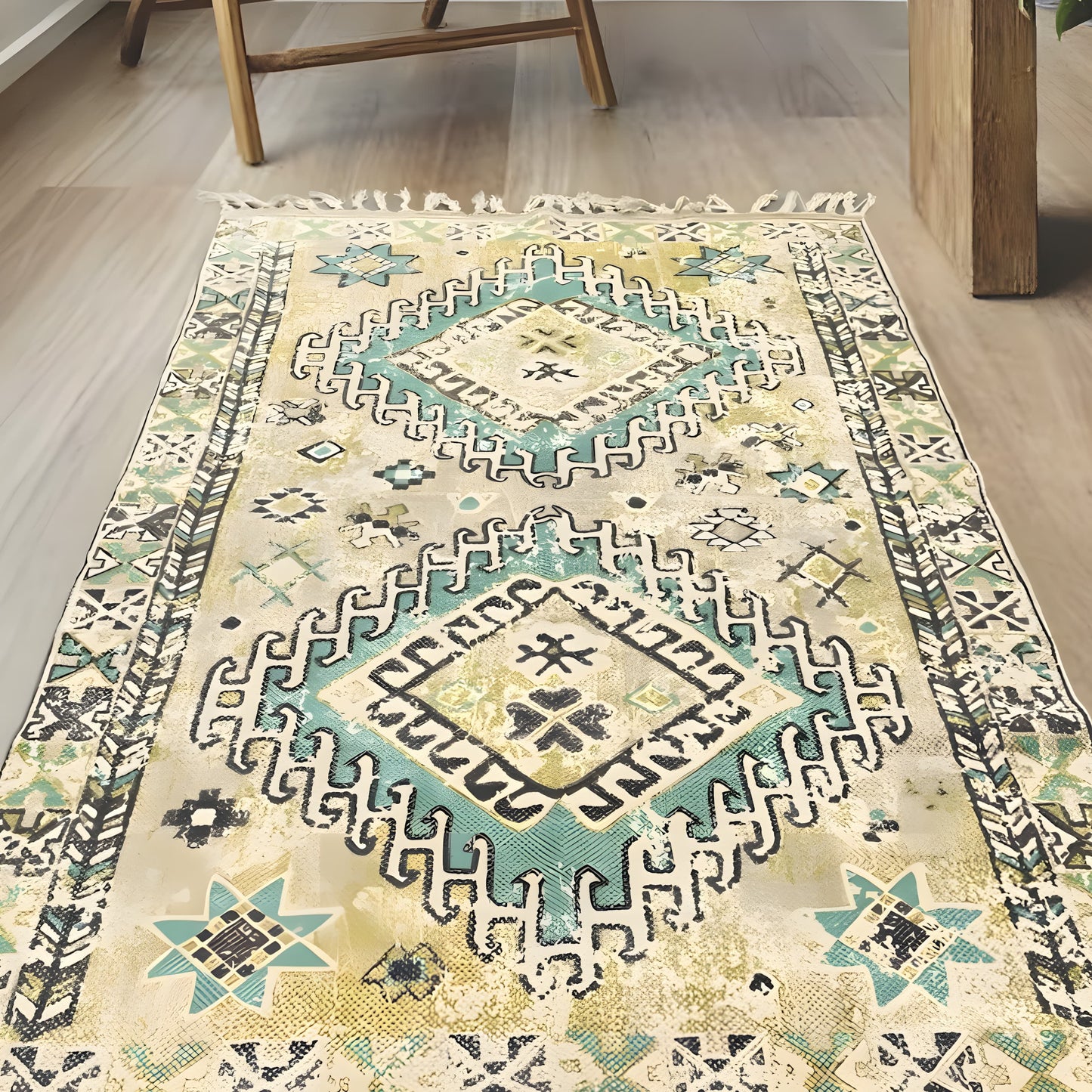 Light Green and Yellow Abstract Geometrical Print Cotton Rug with Tassels | Handwoven Dhurrie Regula|Image3