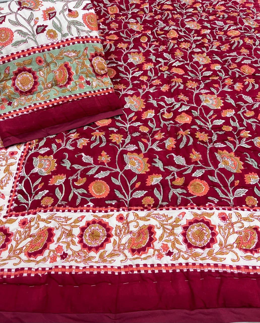 Maroon & Orange Floral Handblock Cotton Blanket