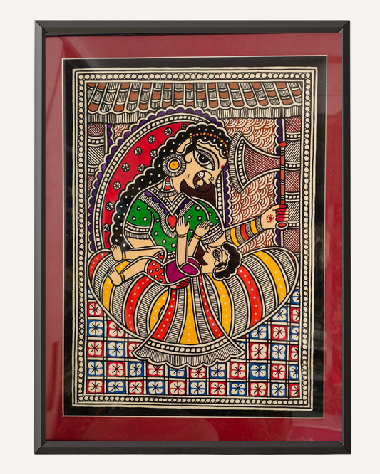 Framed traditional art piece with a colorful depiction of a figure on a patterned background.
