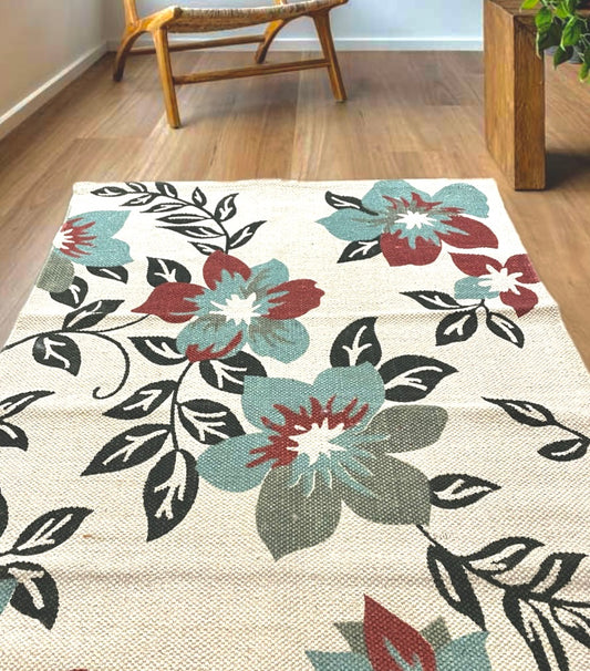 Multicolor Large Flowers Cotton Rug | Handwoven Floral Dhurrie