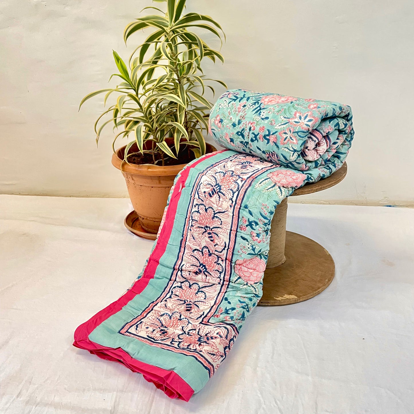 Multicolour Floral Print Super Soft Baby Quilt With Plain pink Border
