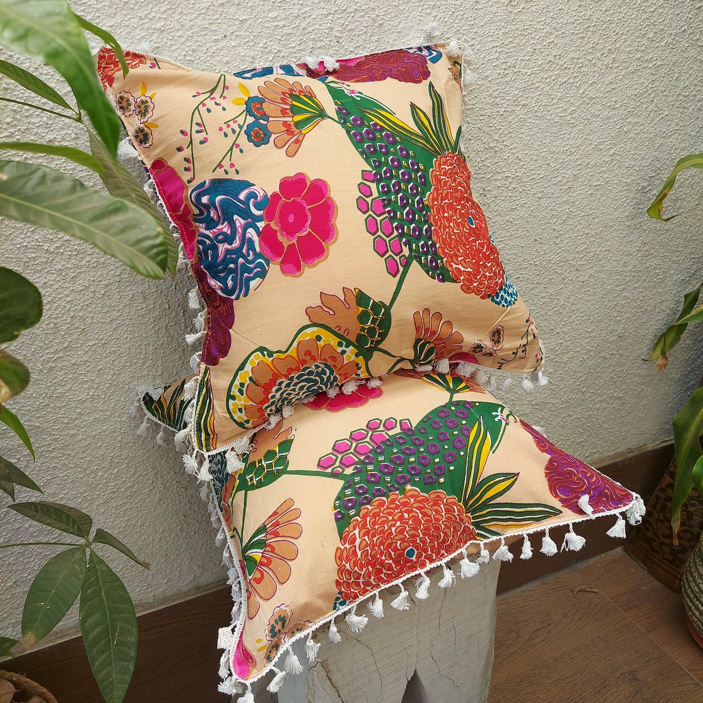 Multicolour Flower Print Pure Cotton Cushion Cover With White Lace
