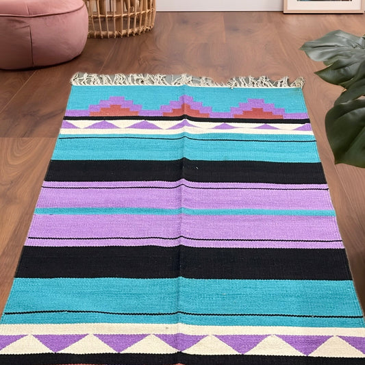 Multicoloured Geometric Striped rug Carpet with Tassels