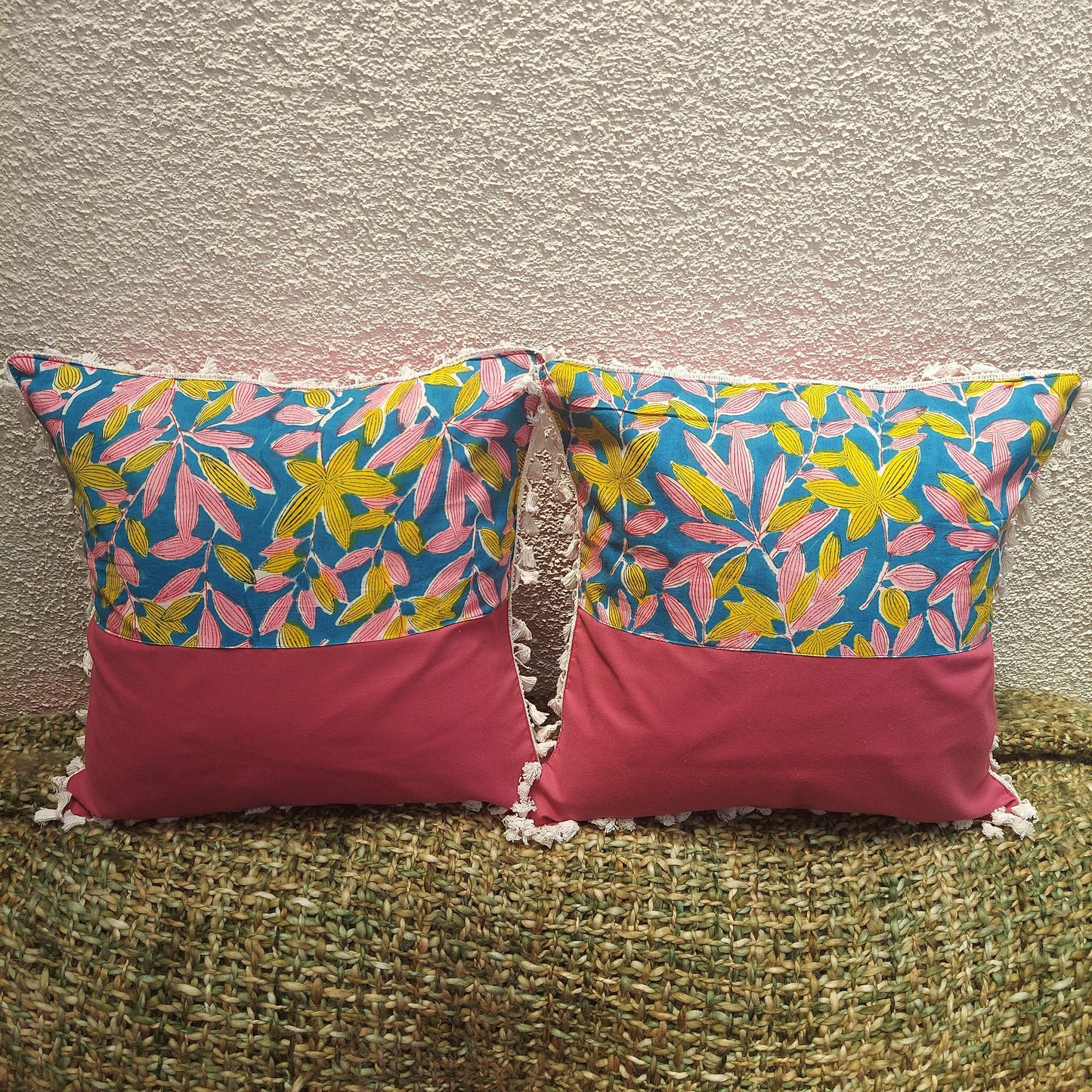 Multicolour Pure Cotton Handcrafted Cushion Cover With White Lace
