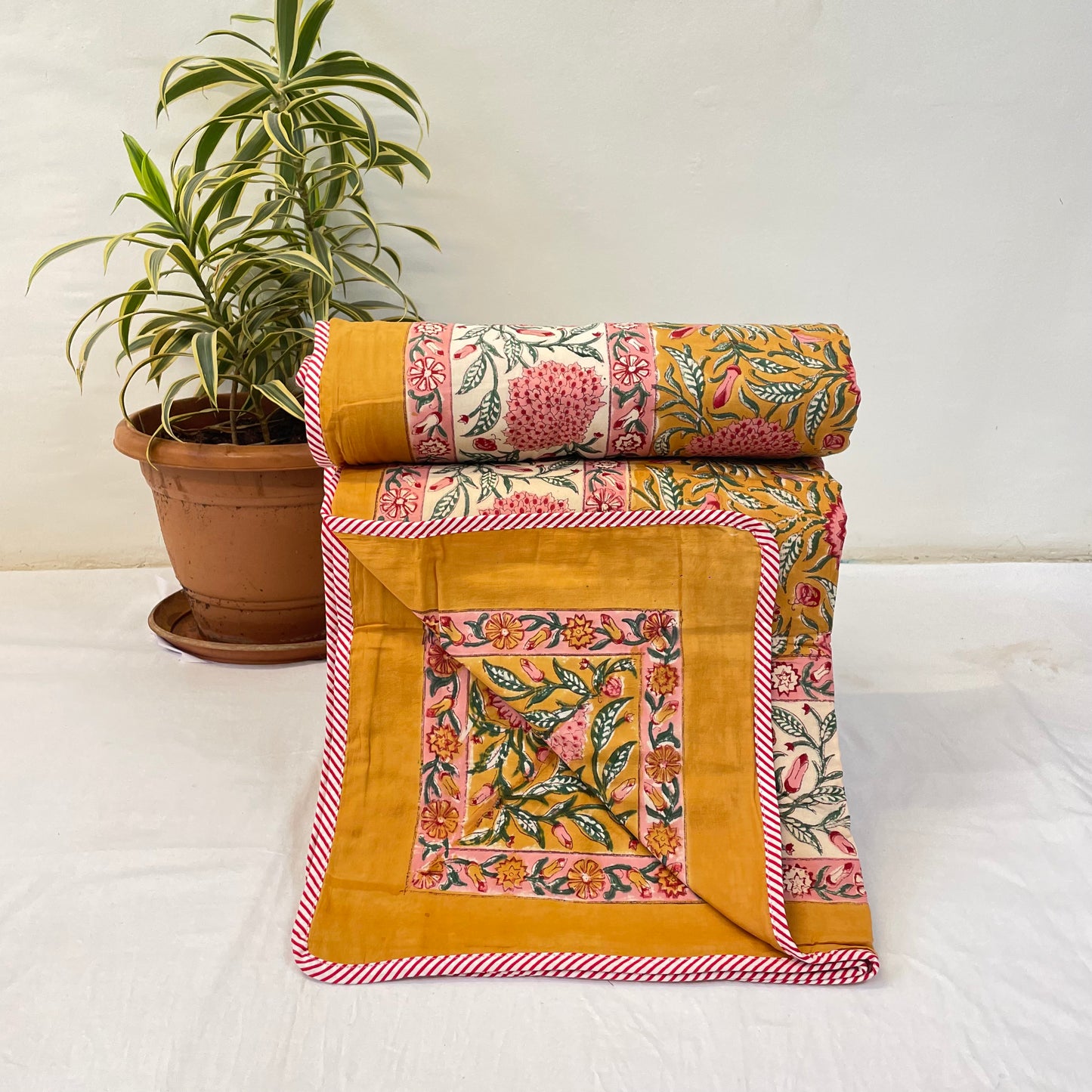Mustard Yellow Floral Print Pure Cotton Reversible Dohar Single Bed Size