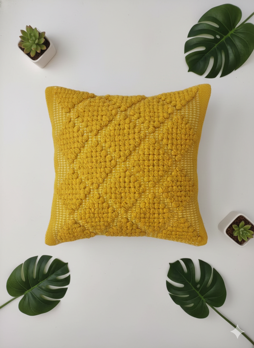 Yellow textured pillow on a white background with green leaves.