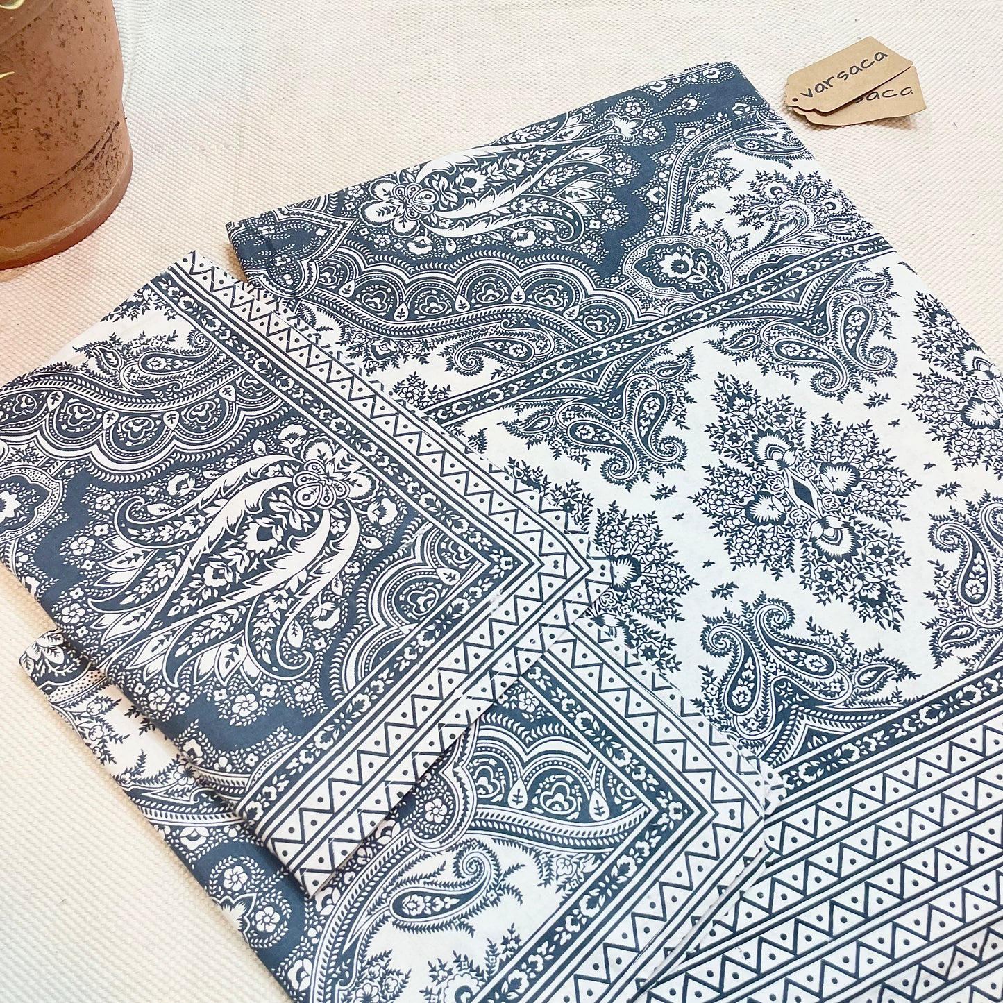 Navy Blue and White Floral Paisley Printed King Size Bedsheet With Printed Border|image2