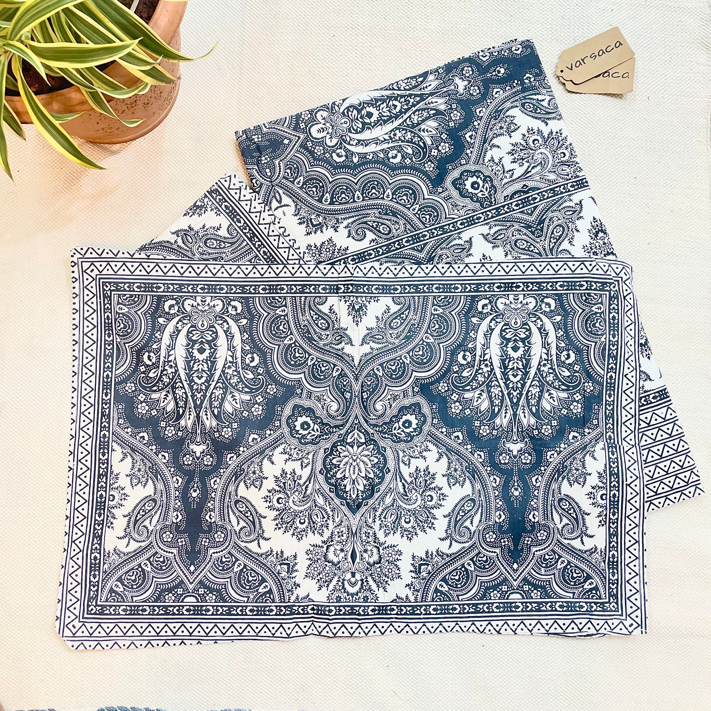 Navy Blue and White Floral Paisley Printed King Size Bedsheet With Printed Border|image3