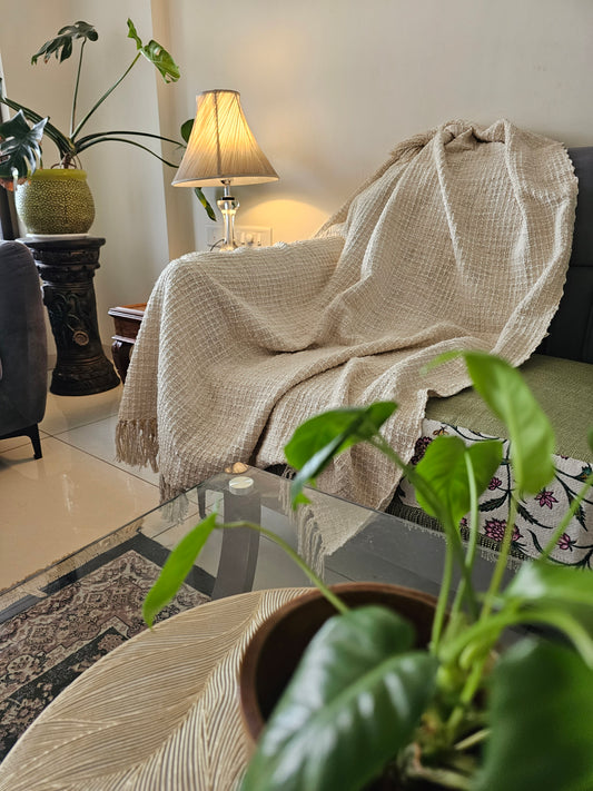 Off-White Acrylic Handwoven Sofa Throw with Tassels – Soft & Cozy