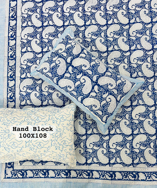 Paisley hand block print pure cotton king size bedsheet on white base