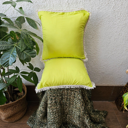 Pastel Shade Green Handcrafted Cushion Cover With Off White Lace