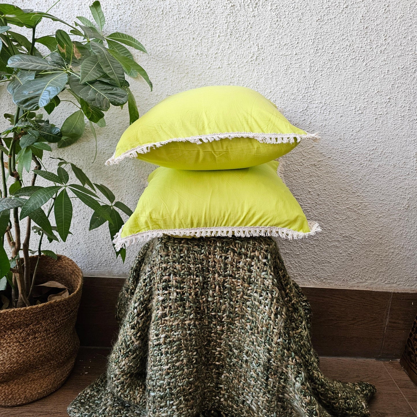 Pastel Shade Green Handcrafted Cushion Cover With Off White Lace