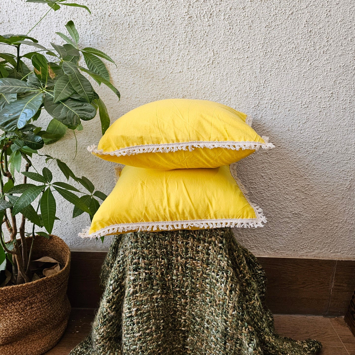 Pastel Shade Yellow Handcrafted Cushion Cover With Off White Lace