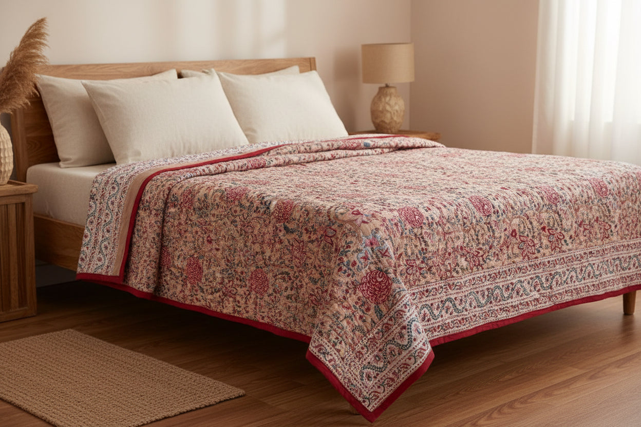 Peach Floral Hand Block Printed Jaipuri Razai