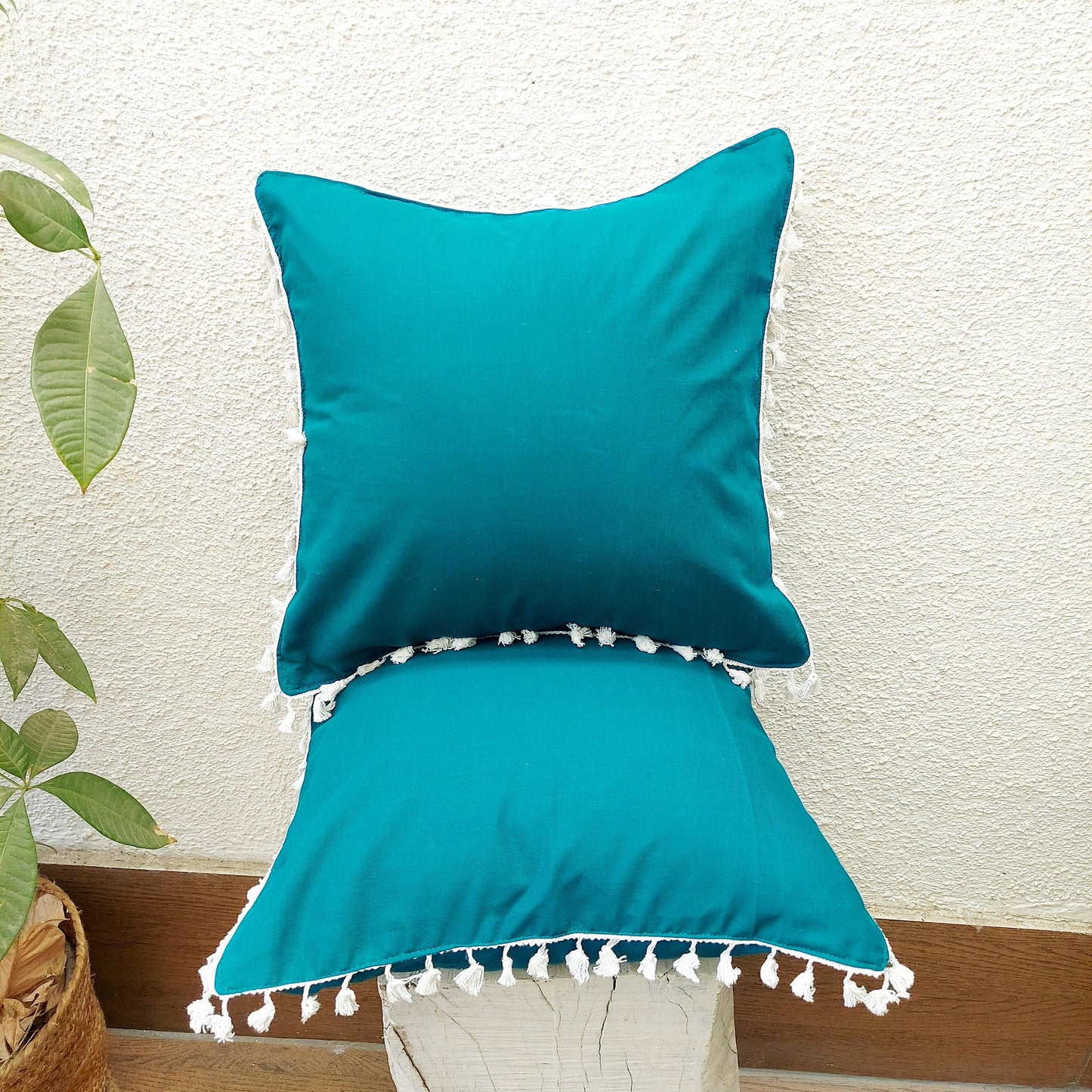 Peacock Green Plain Pure Cotton Cushion Cover With White Lace