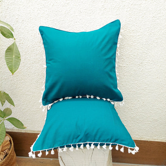 Peacock Green Plain Pure Cotton Cushion Cover With White Lace