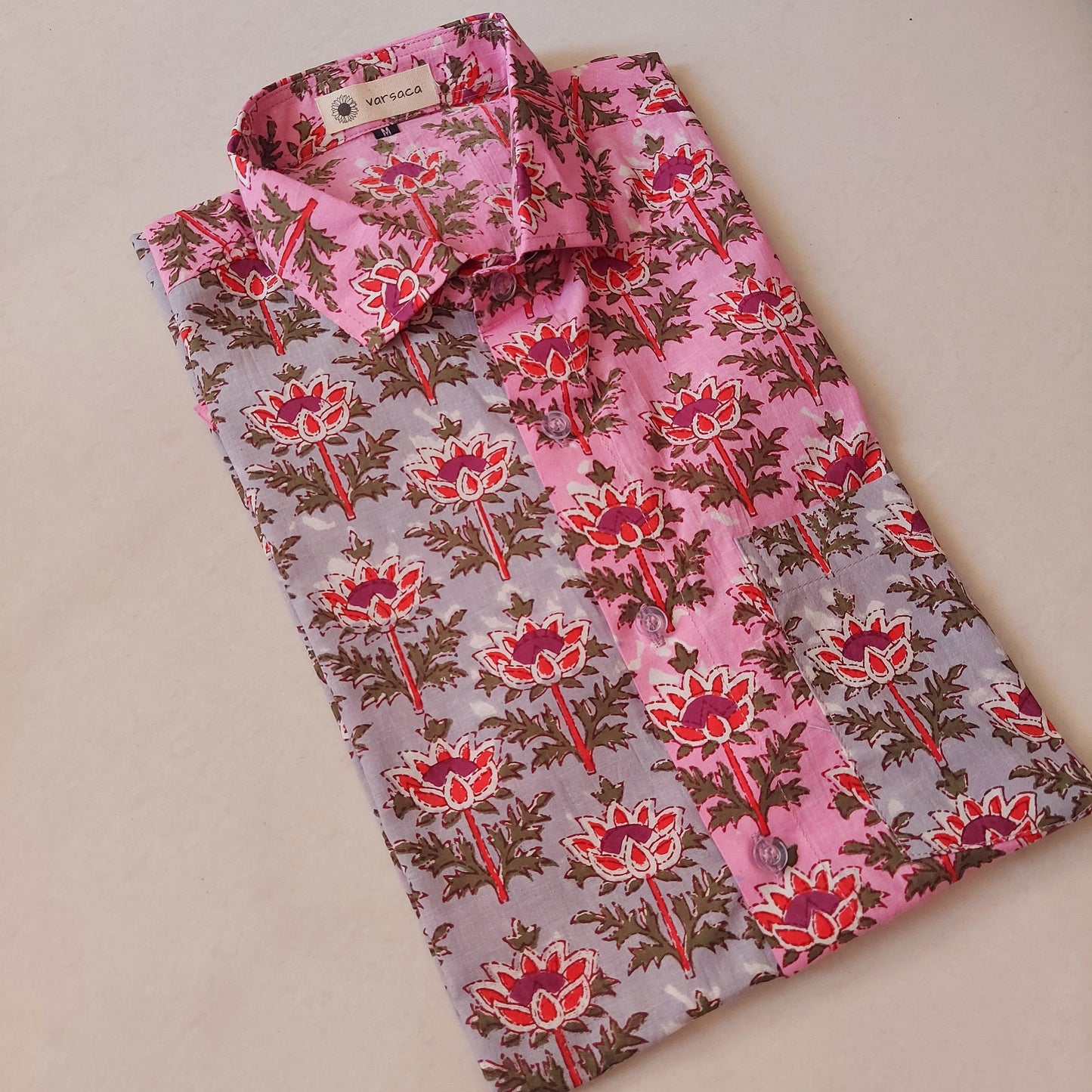 Pink And Grey Floral Half Half Pattern Men Shirt