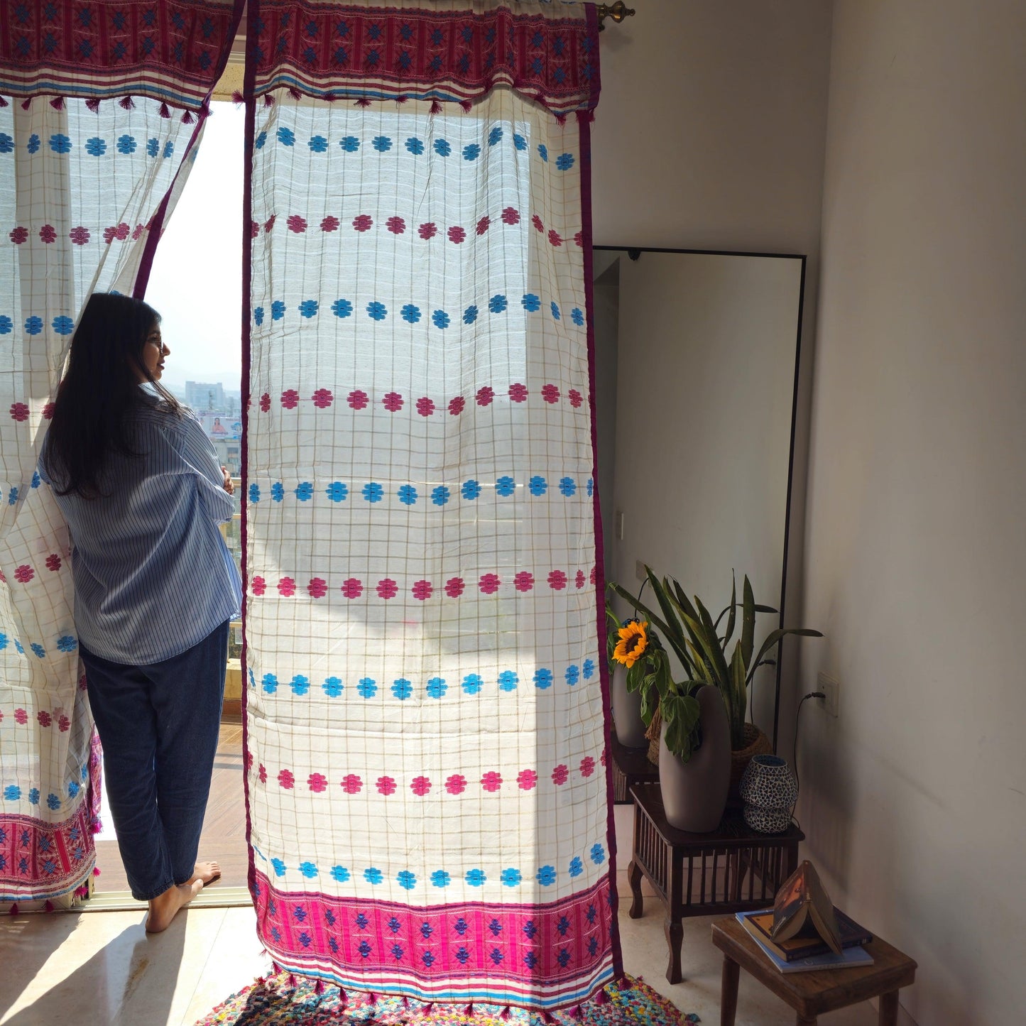 Purple And Sky Blue Assamese Handloom Sheer Curtains