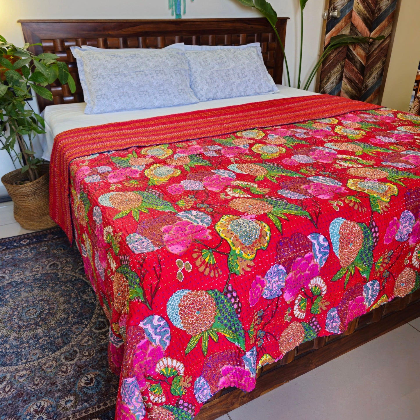 Red Kantha Work Floral Bedcover