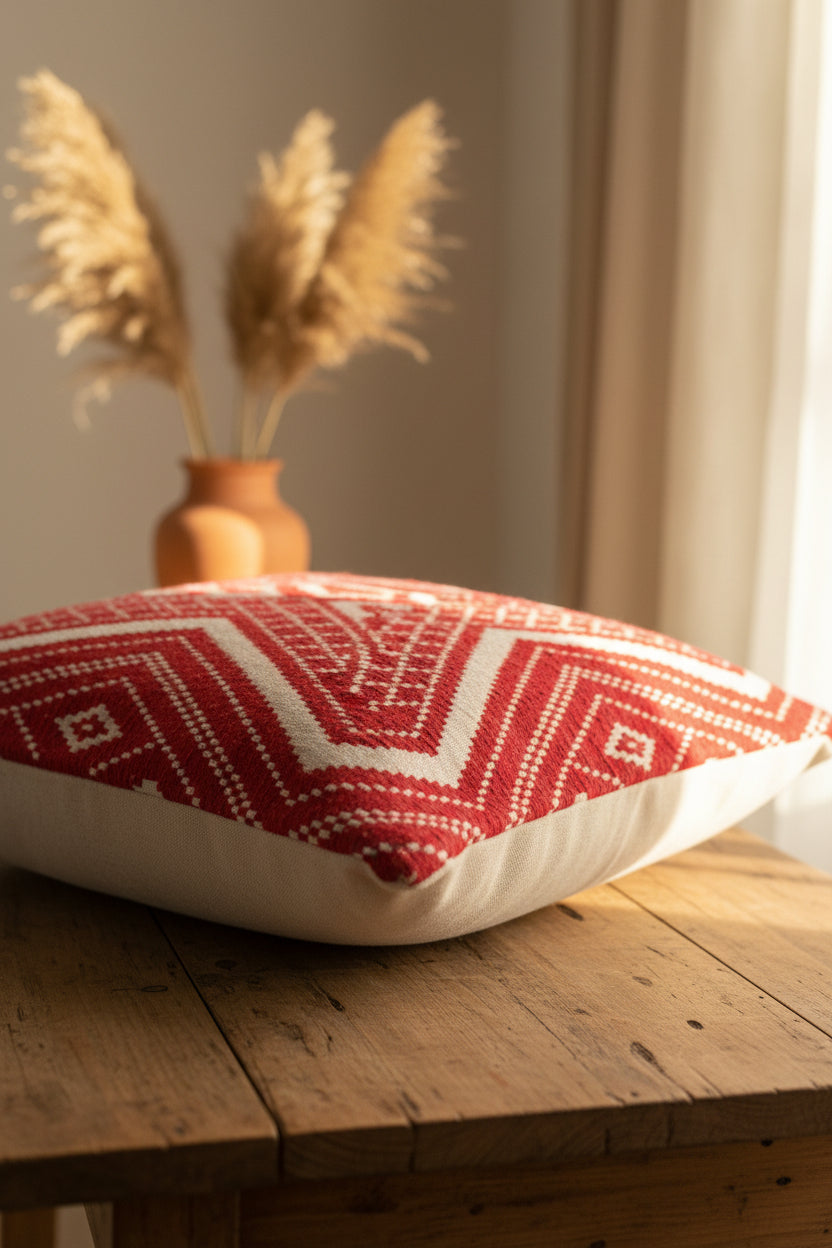 Red and white cushion cover side angle