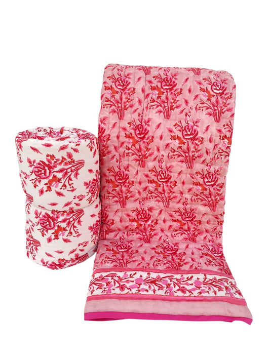 Salmon Pink & White Floral Reversible Mul Cotton Quilt