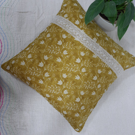 Summer-style yellow cotton pillow cover with handcrafted detailing