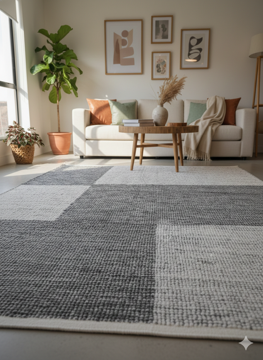 Living room with a gray and white patterned rug, white sofa, and decorative elements.