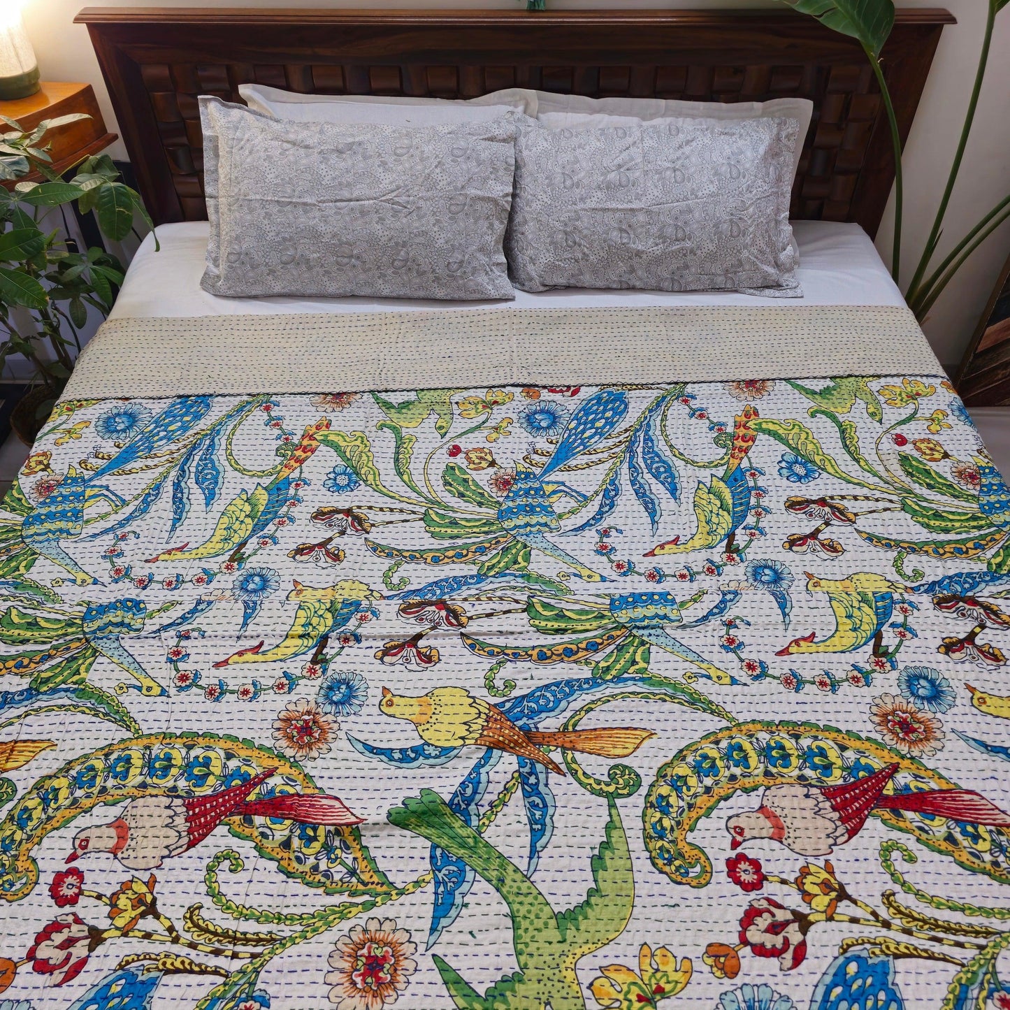 Tropical Print Kantha Work Bedcover