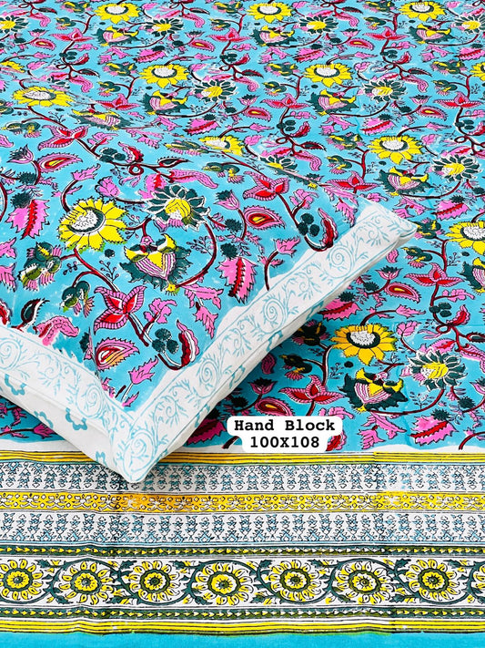 Turquoise Floral Bedsheet with Pink And Yellow Flowers – Pure Cotton King Size Hand Block Print Bedsheet With Two Pillow Covers