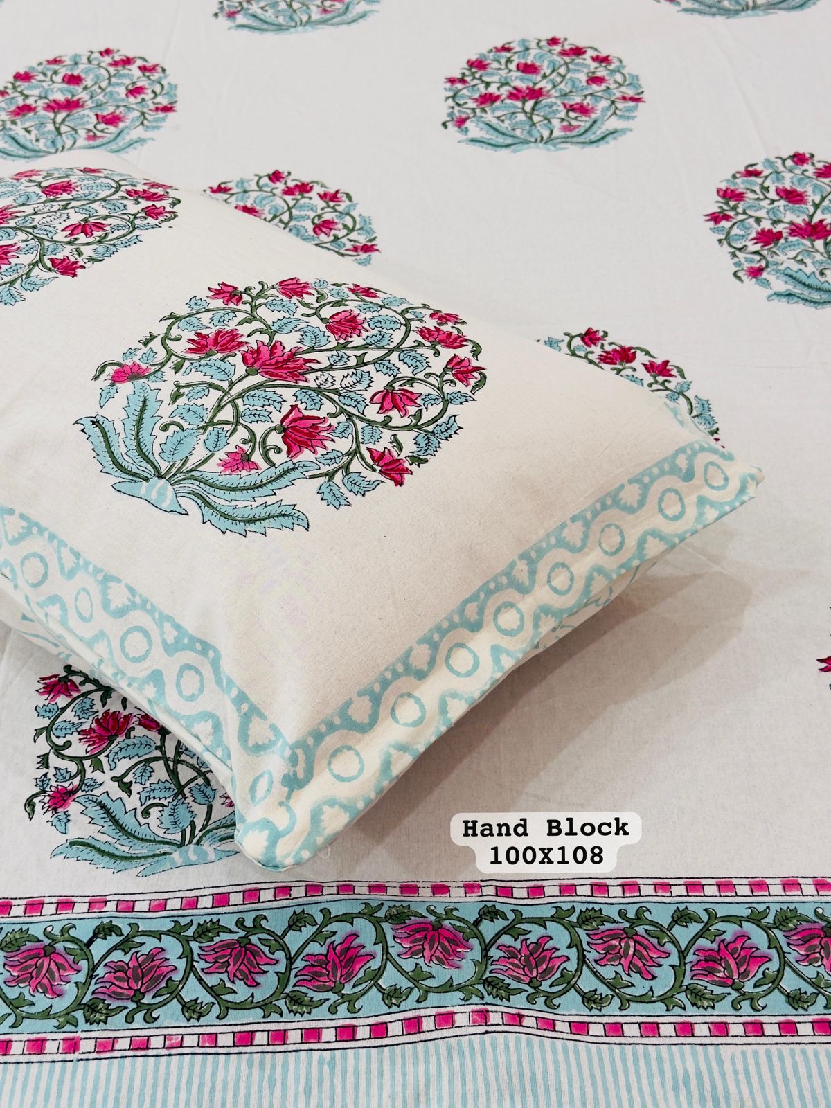 Floral Hand Block Print Pure Cotton King Size Bedsheet | Pure Cotton | White Base
