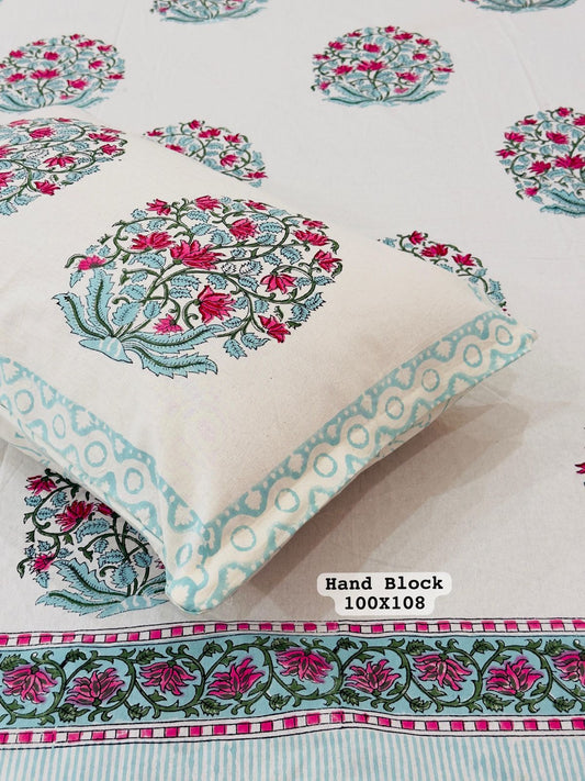 Floral Hand Block Print Pure Cotton King Size Bedsheet | Pure Cotton | White Base
