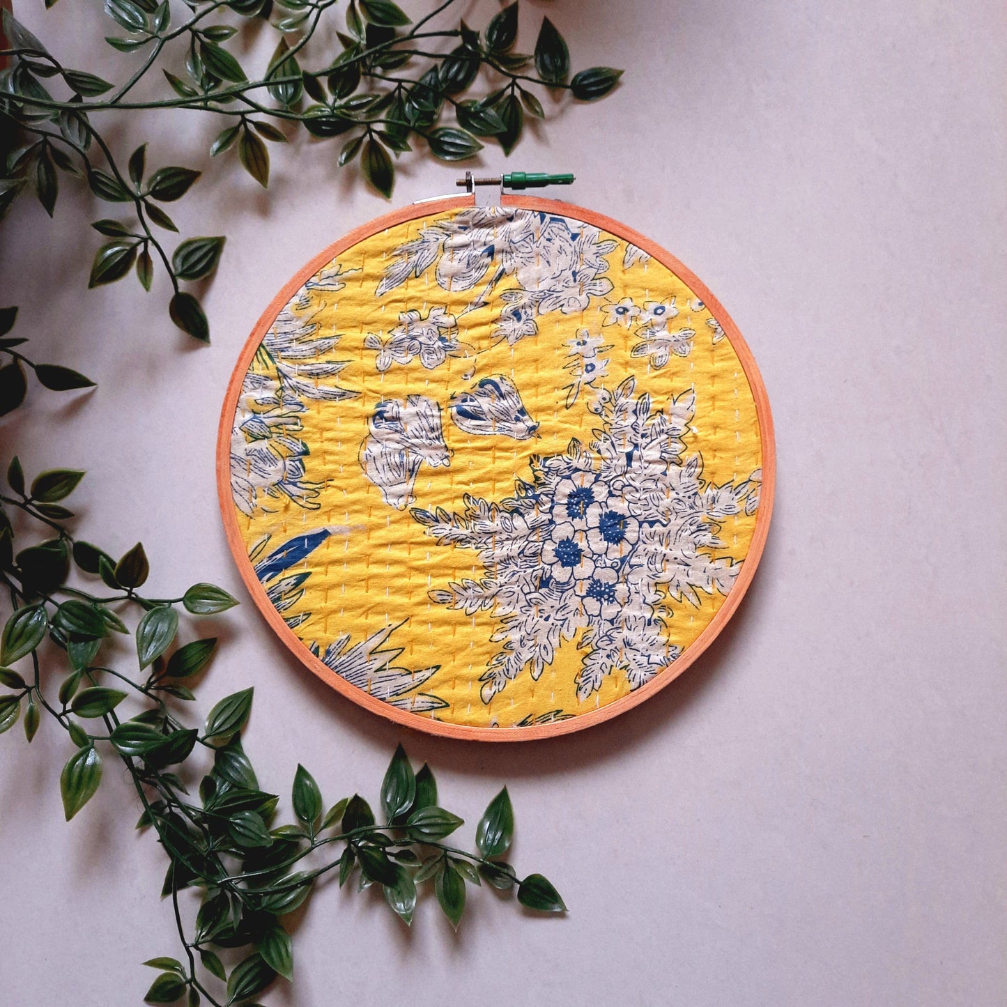 Yellow Kantha Work Floral Embroidery Hoop | Handmade | Upcycled Fabric