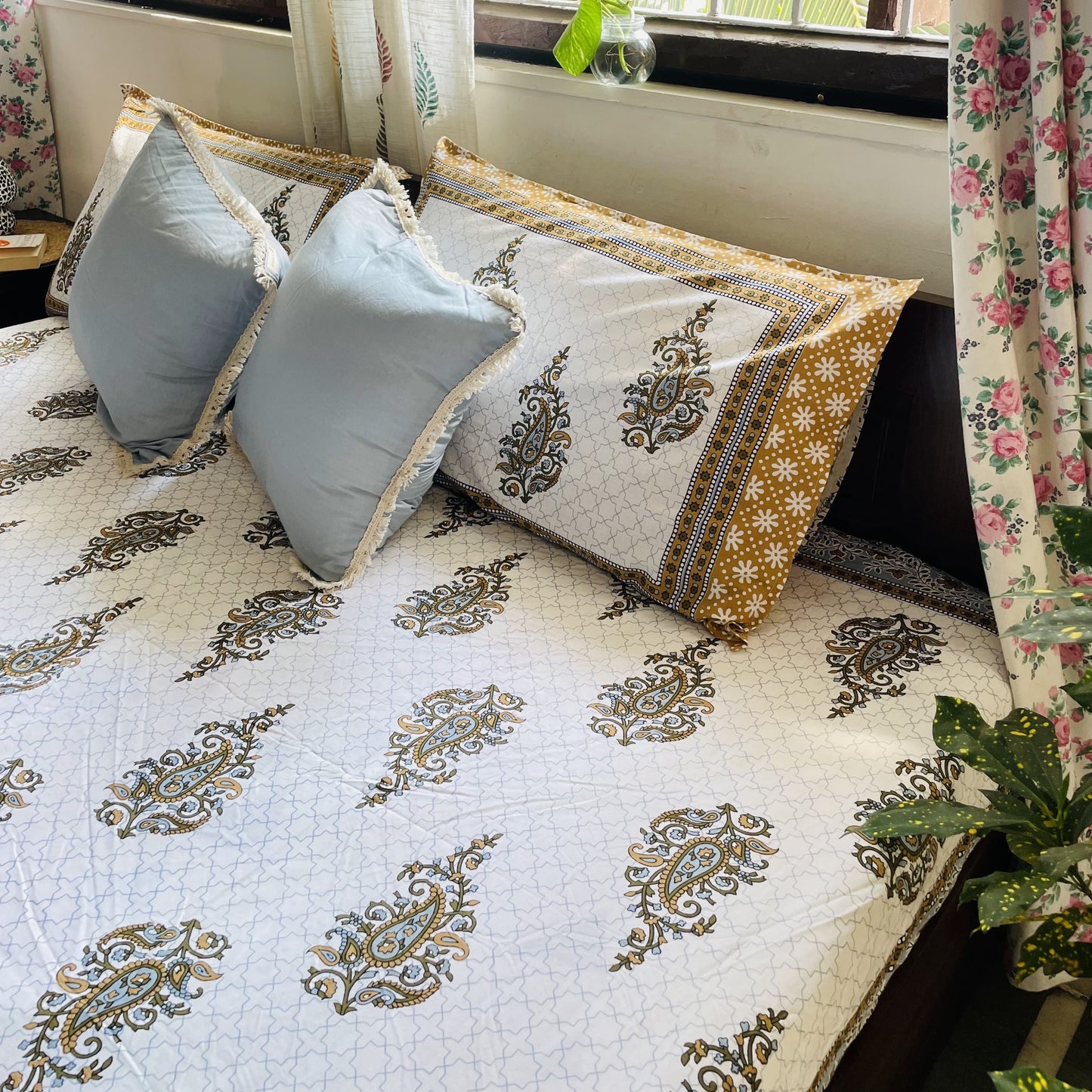 Brown and Green Paisley Print King Size Fitted Bedsheet | Pure Cotton | White Base