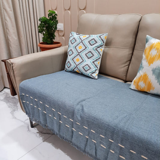 Blue Jute Cotton Sofa Cover with Threadwork and Fringes – Soft & Earthy Charm