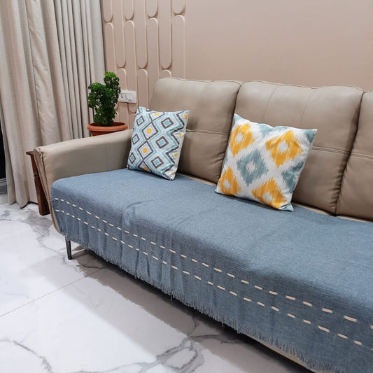 Blue Jute Cotton Sofa Cover with Threadwork and Fringes – Soft & Earthy Charm