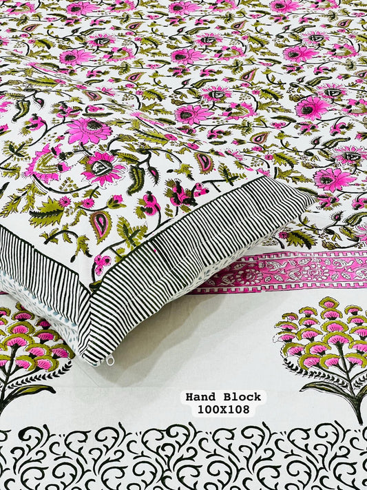 White Cotton Bedsheet – Pink & Green Floral Hand Block Prints + Pillow Covers (100×108″)