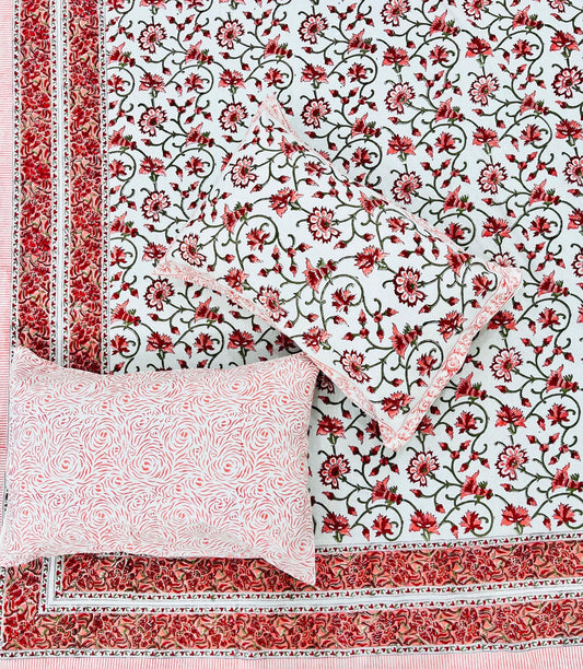White Bedsheet – Salmon Red & Peach Floral Block Printed Cotton + Pillow Covers (100×108″)
