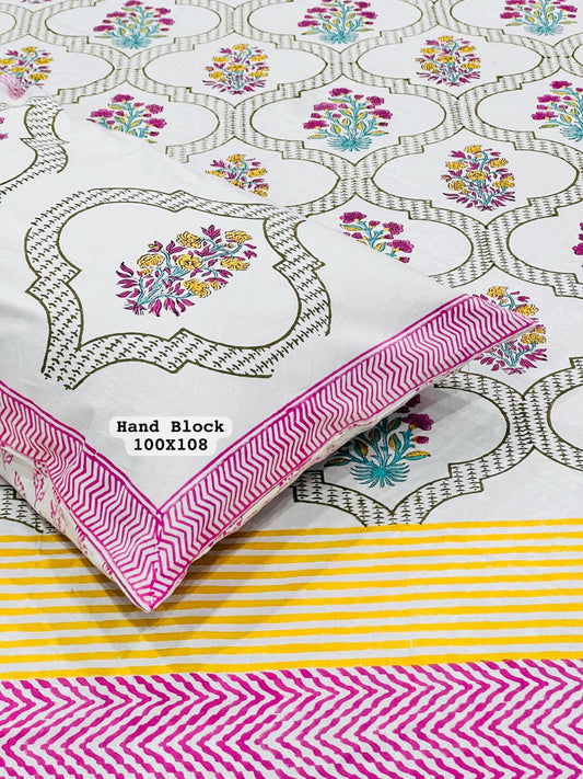 Traditional White Cotton Bedsheet – Yellow & Pink Hand Block Printed Motifs + Pillow Covers (100×108″)