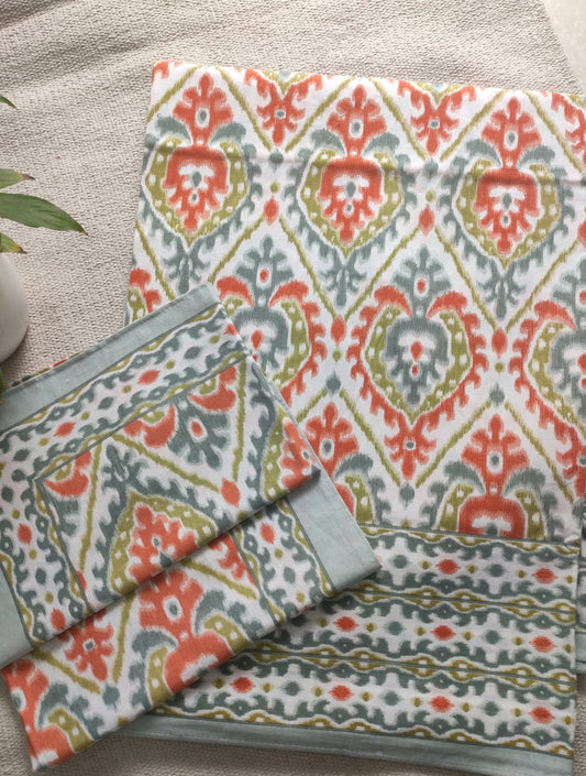 White, Grey & Orange Ikkat Cotton Bedsheet – King Size 108x108″ with Pillow Covers