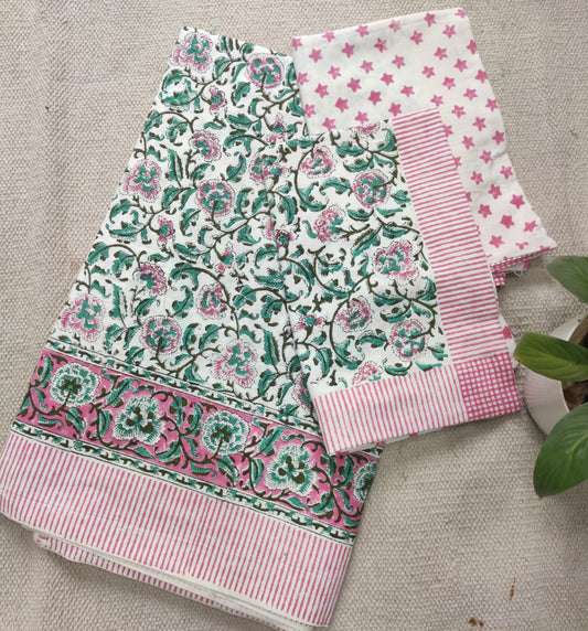 White Floral Block Printed Cotton Bedsheet – Green & Pink Motifs with Border + Pillow Covers (100×108″)