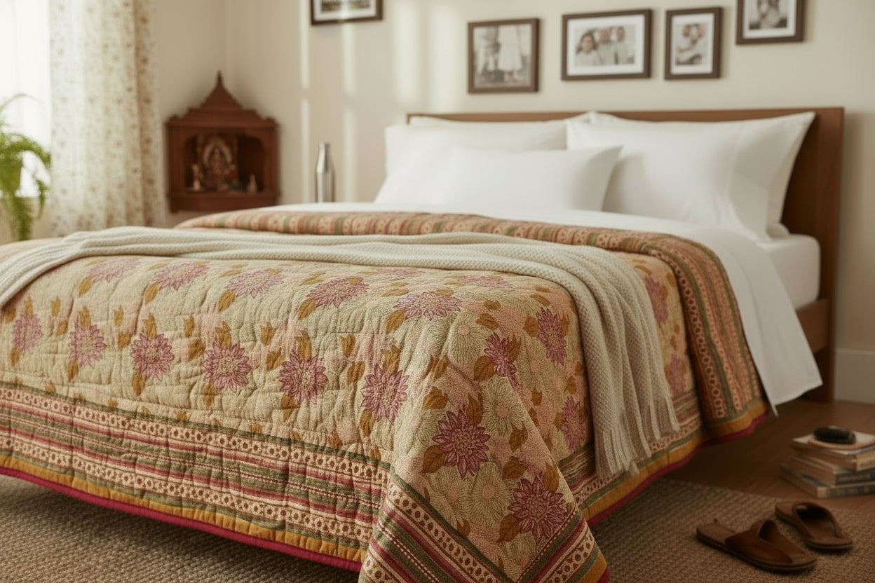 Authentic Jaipuri Razai | King Size (90x100 in) Multicolour Reversible Cotton Quilt (Yellow, Green, Red)