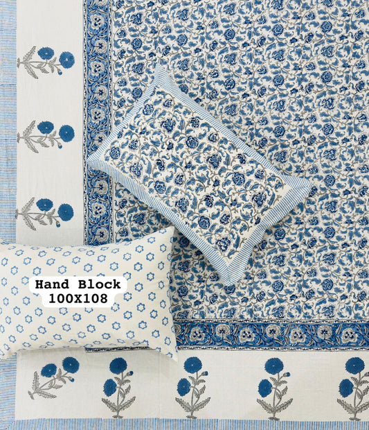 White Bedsheet – Blue Floral Hand Block Printed Cotton + Pillow Covers (100×108″)