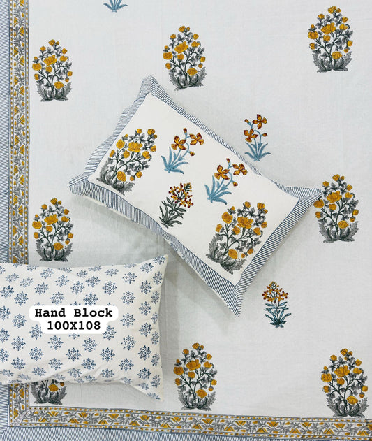 White Bedsheet – Grey & Yellow Hand Block Printed Floral Motifs + Pillow Covers (100×108″)