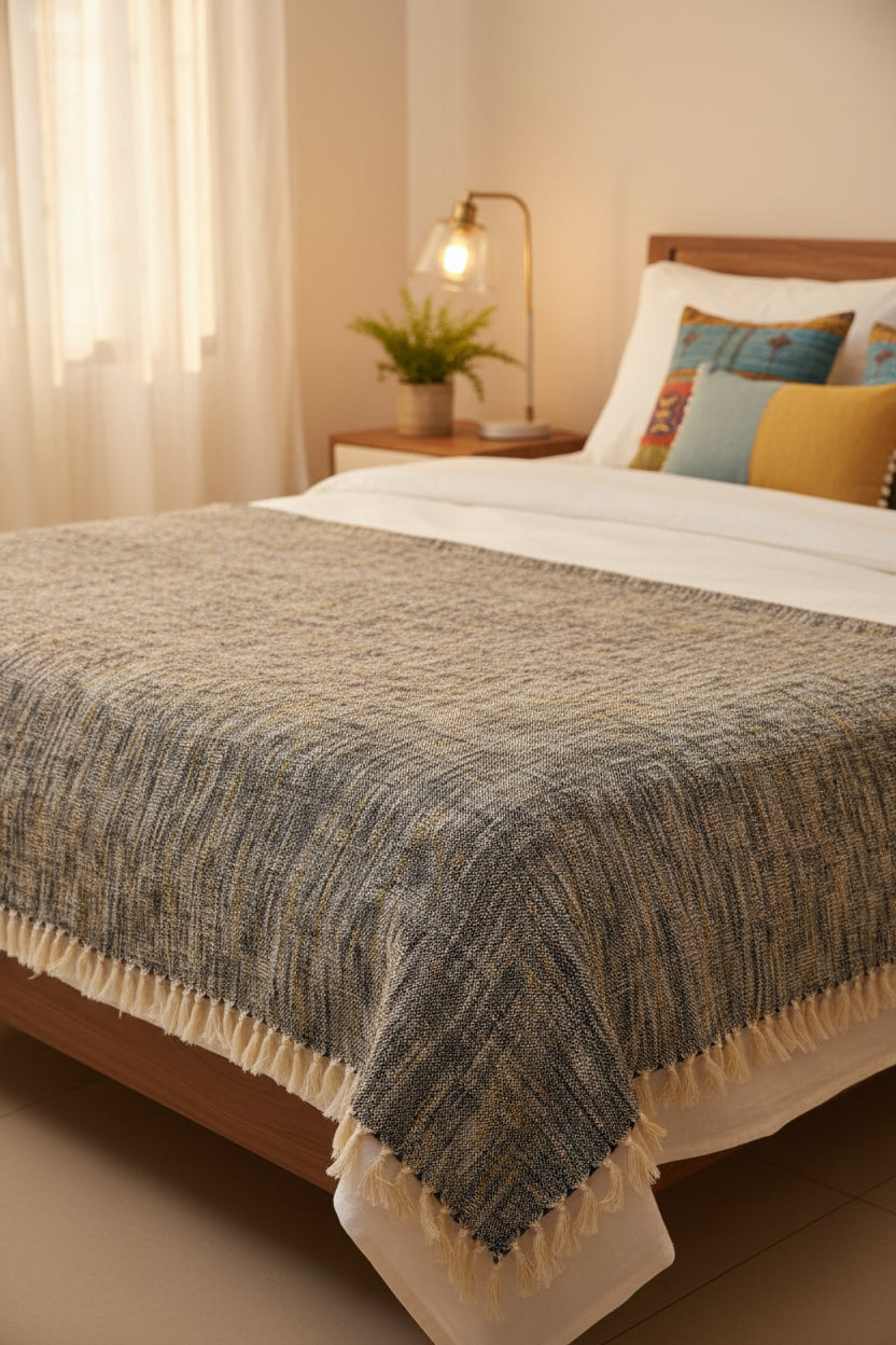 Textured fabric with tassels in various colors