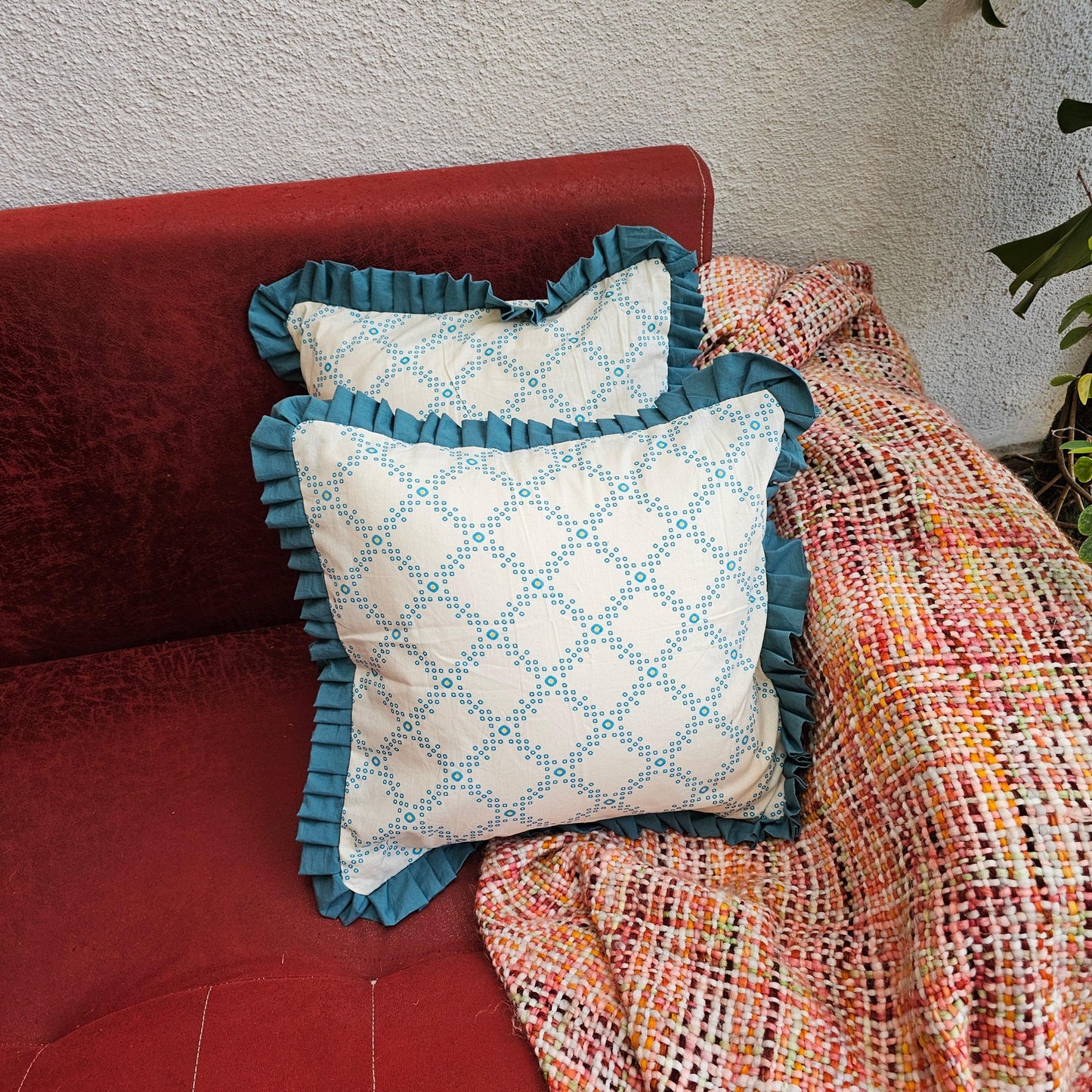 White And Blue Bandhani Pattern Handcrafted Cushion Cover With Frills
